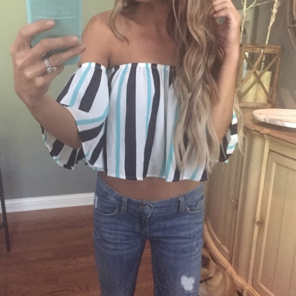 Navy/Mint Striped Off-the-shoulder Crop Top - Picture 1 of 5